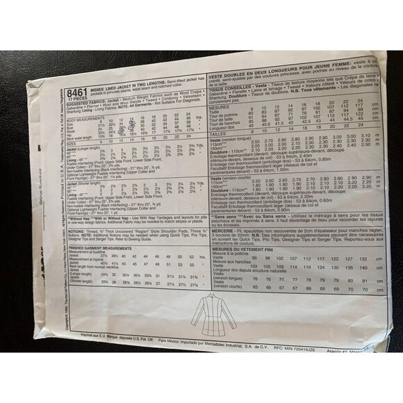 McCall's Misses Coat Sewing Pattern Sz 8 8461 - Uncut - Picture 4 of 9